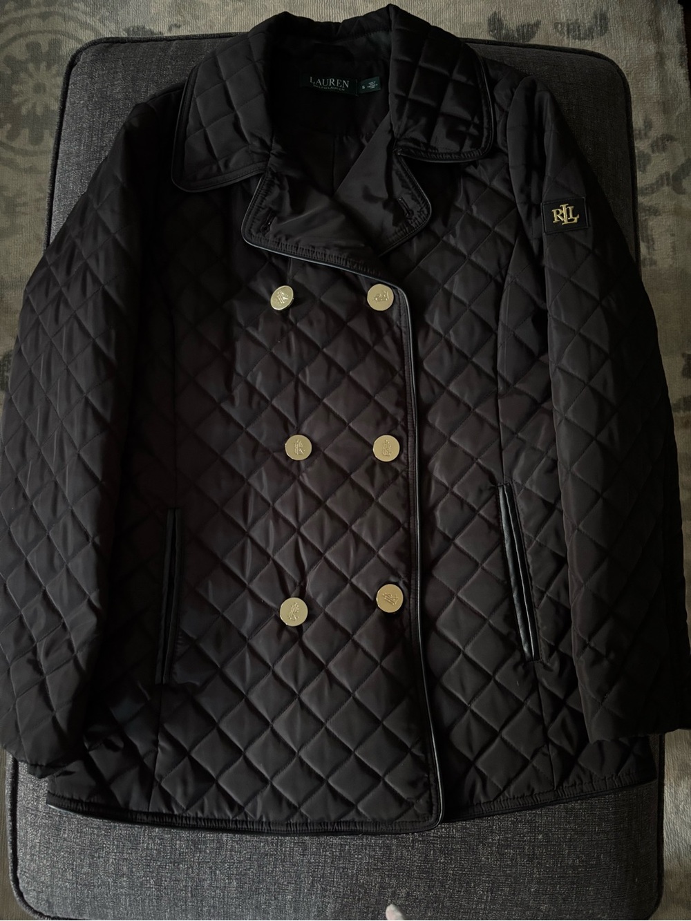 Ralph Lauren Black Quilted Double-Breasted Peacoat with Gold Buttons